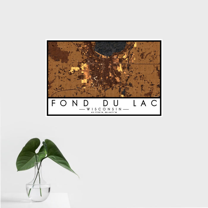 16x24 Fond du Lac Wisconsin Map Print Landscape Orientation in Ember Style With Tropical Plant Leaves in Water