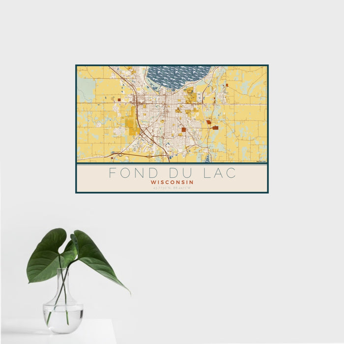 16x24 Fond du Lac Wisconsin Map Print Landscape Orientation in Woodblock Style With Tropical Plant Leaves in Water