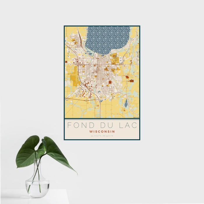 16x24 Fond du Lac Wisconsin Map Print Portrait Orientation in Woodblock Style With Tropical Plant Leaves in Water