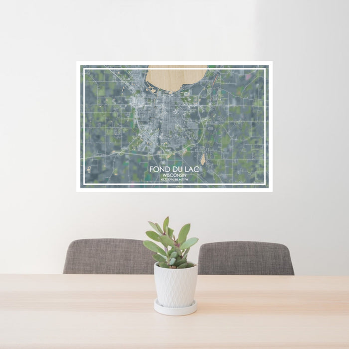 24x36 Fond du Lac Wisconsin Map Print Lanscape Orientation in Afternoon Style Behind 2 Chairs Table and Potted Plant