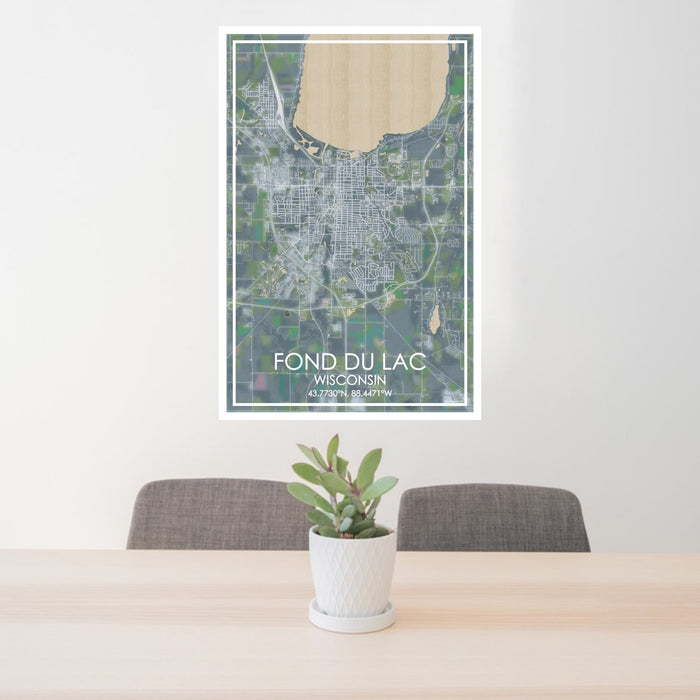 24x36 Fond du Lac Wisconsin Map Print Portrait Orientation in Afternoon Style Behind 2 Chairs Table and Potted Plant