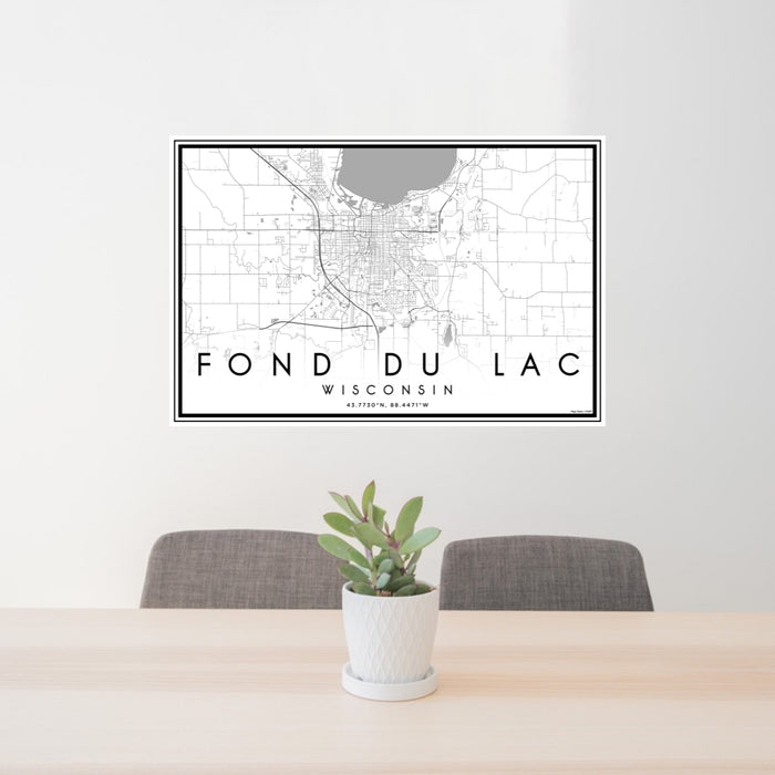 24x36 Fond du Lac Wisconsin Map Print Lanscape Orientation in Classic Style Behind 2 Chairs Table and Potted Plant