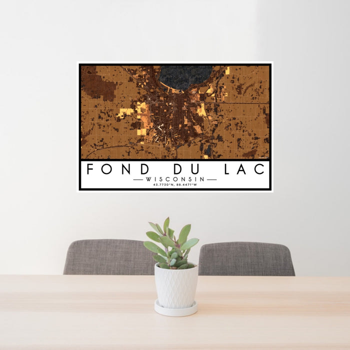 24x36 Fond du Lac Wisconsin Map Print Lanscape Orientation in Ember Style Behind 2 Chairs Table and Potted Plant