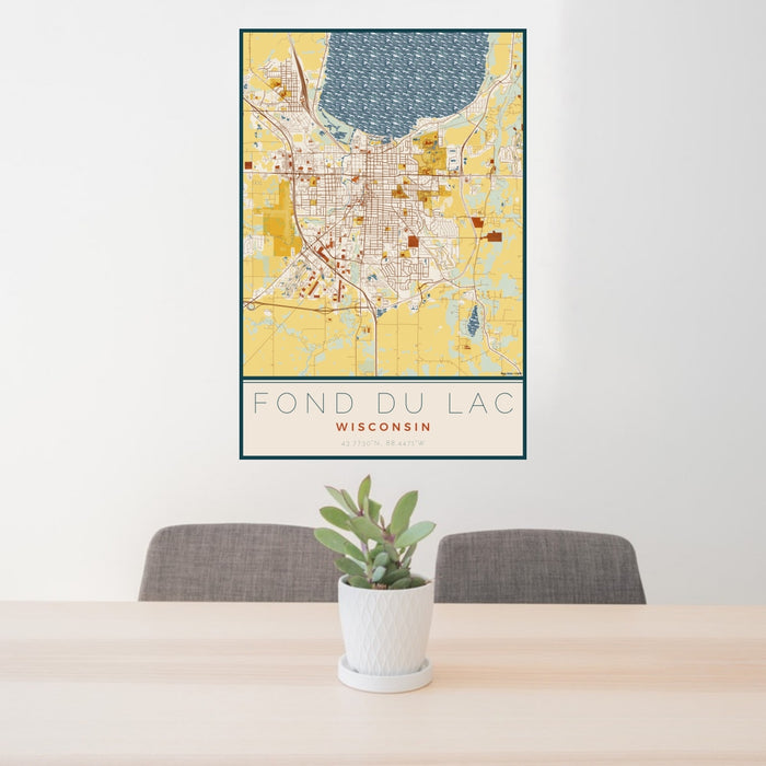 24x36 Fond du Lac Wisconsin Map Print Portrait Orientation in Woodblock Style Behind 2 Chairs Table and Potted Plant