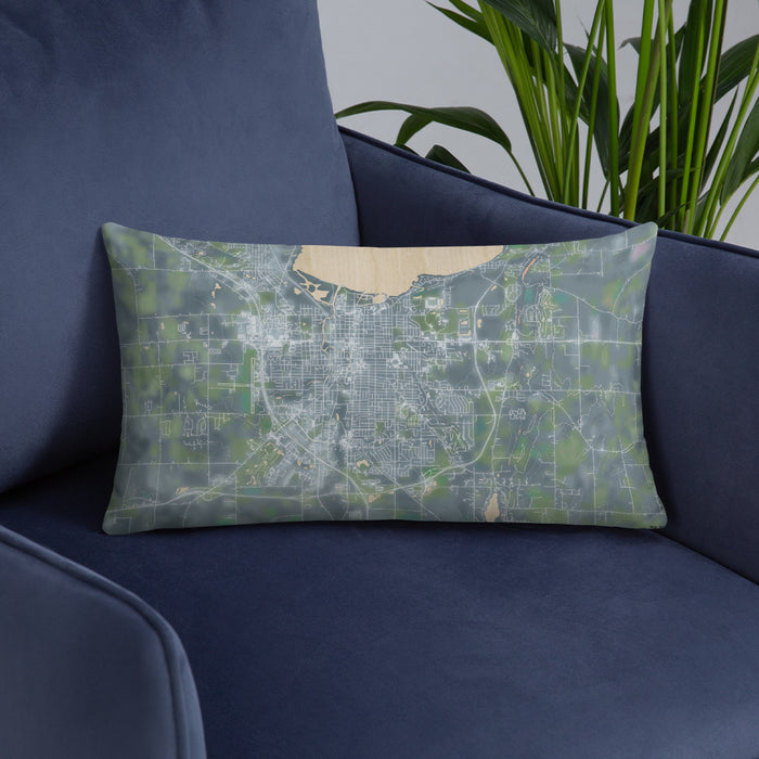 Custom Fond du Lac Wisconsin Map Throw Pillow in Afternoon on Blue Colored Chair