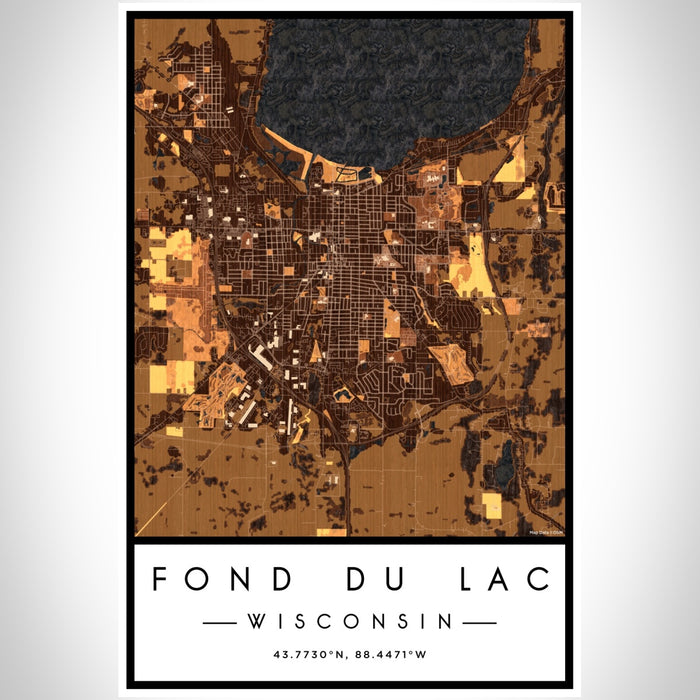 Fond du Lac Wisconsin Map Print Portrait Orientation in Ember Style With Shaded Background