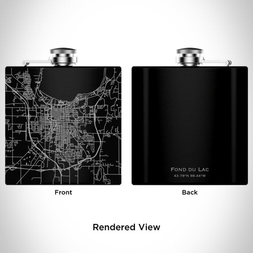 Rendered View of Fond du Lac Wisconsin Map Engraving on 6oz Stainless Steel Flask in Black