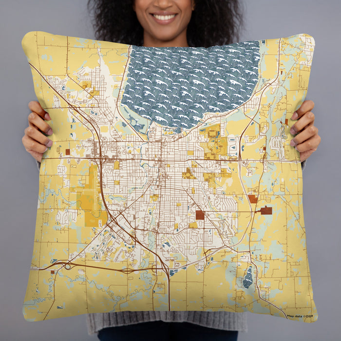 Person holding 22x22 Custom Fond du Lac Wisconsin Map Throw Pillow in Woodblock
