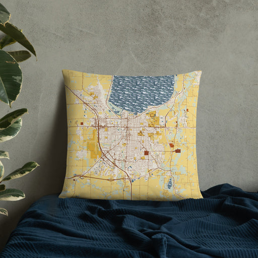 Custom Fond du Lac Wisconsin Map Throw Pillow in Woodblock on Bedding Against Wall