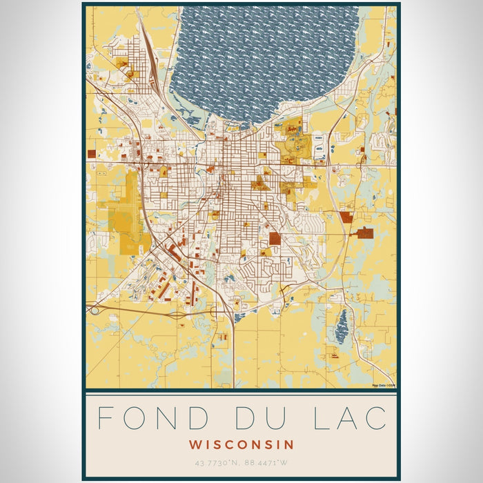 Fond du Lac Wisconsin Map Print Portrait Orientation in Woodblock Style With Shaded Background