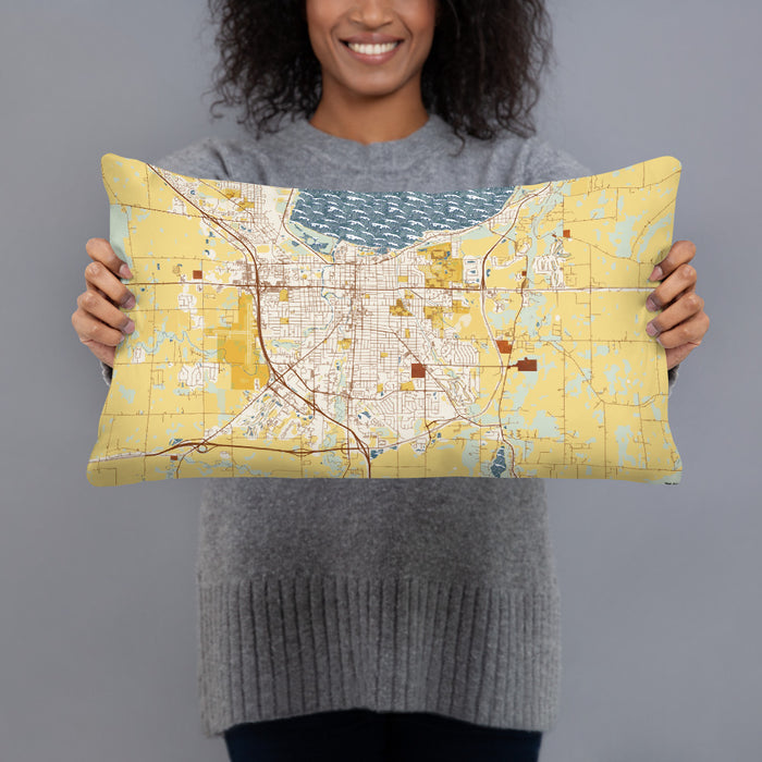 Person holding 20x12 Custom Fond du Lac Wisconsin Map Throw Pillow in Woodblock