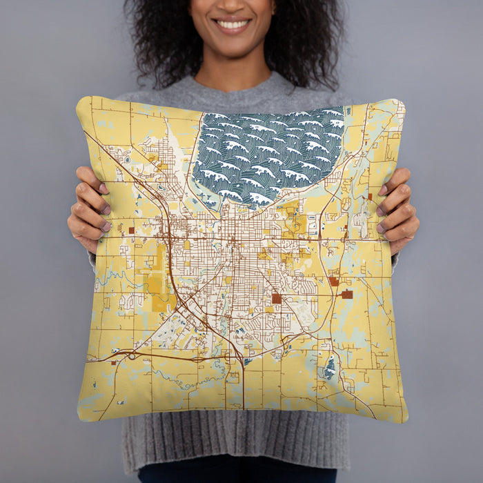 Person holding 18x18 Custom Fond du Lac Wisconsin Map Throw Pillow in Woodblock