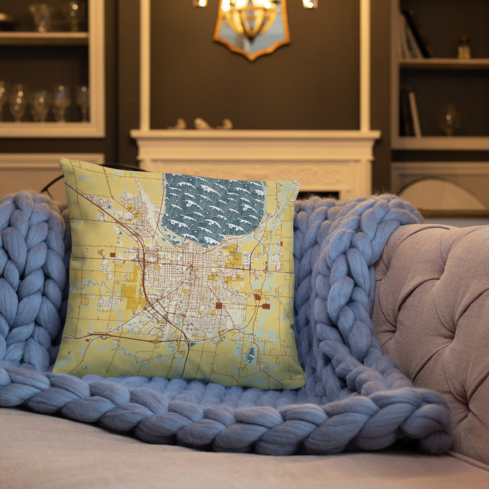 Custom Fond du Lac Wisconsin Map Throw Pillow in Woodblock on Cream Colored Couch