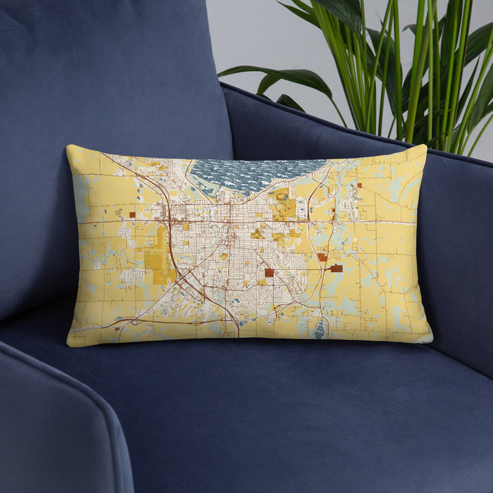 Custom Fond du Lac Wisconsin Map Throw Pillow in Woodblock on Blue Colored Chair