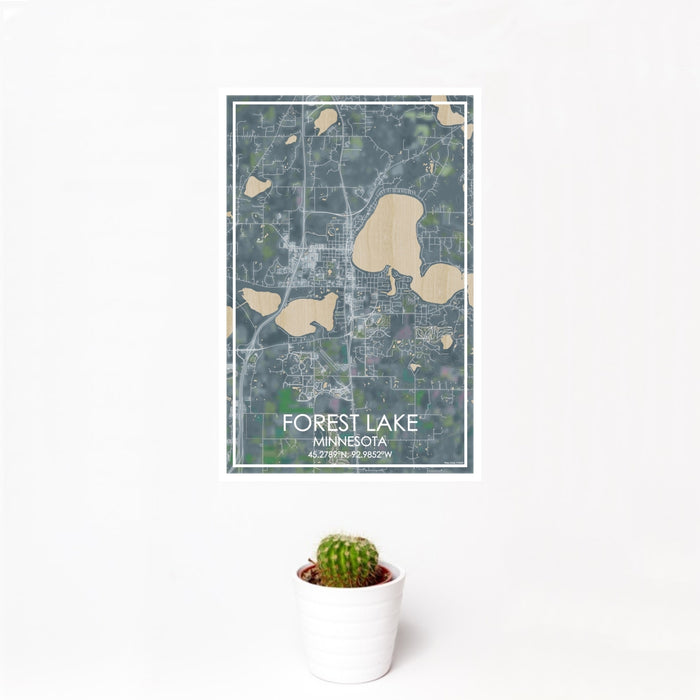 12x18 Forest Lake Minnesota Map Print Portrait Orientation in Afternoon Style With Small Cactus Plant in White Planter
