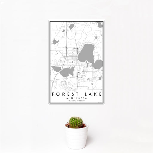 12x18 Forest Lake Minnesota Map Print Portrait Orientation in Classic Style With Small Cactus Plant in White Planter