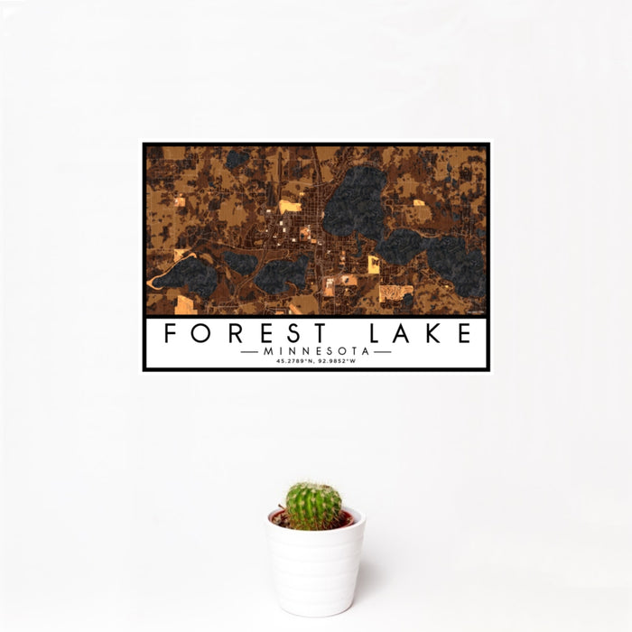 12x18 Forest Lake Minnesota Map Print Landscape Orientation in Ember Style With Small Cactus Plant in White Planter
