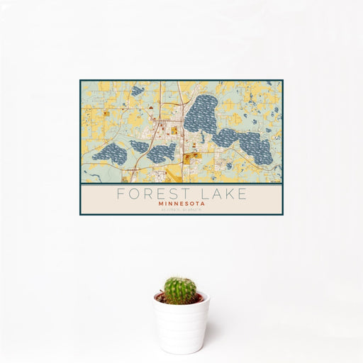 12x18 Forest Lake Minnesota Map Print Landscape Orientation in Woodblock Style With Small Cactus Plant in White Planter