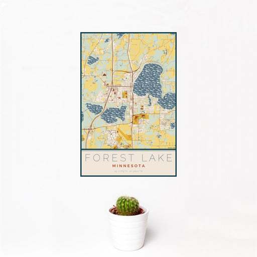 12x18 Forest Lake Minnesota Map Print Portrait Orientation in Woodblock Style With Small Cactus Plant in White Planter