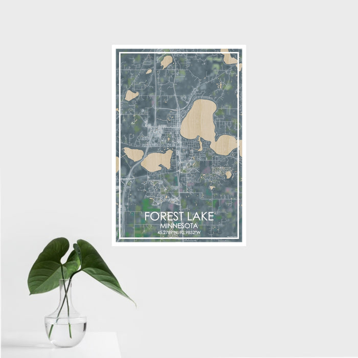 16x24 Forest Lake Minnesota Map Print Portrait Orientation in Afternoon Style With Tropical Plant Leaves in Water