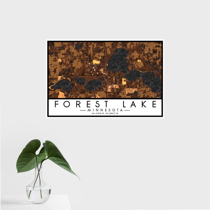 16x24 Forest Lake Minnesota Map Print Landscape Orientation in Ember Style With Tropical Plant Leaves in Water