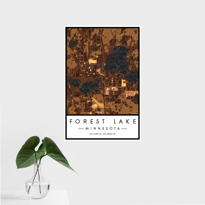 16x24 Forest Lake Minnesota Map Print Portrait Orientation in Ember Style With Tropical Plant Leaves in Water