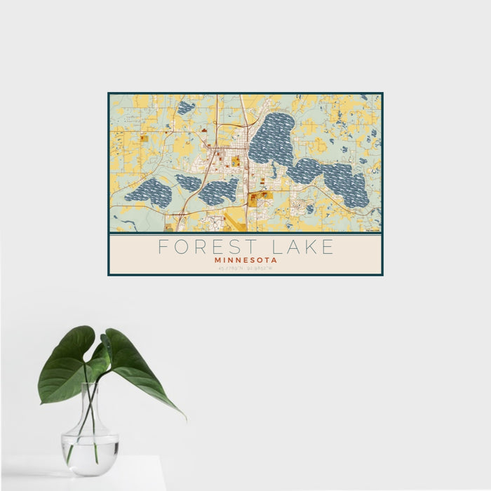 16x24 Forest Lake Minnesota Map Print Landscape Orientation in Woodblock Style With Tropical Plant Leaves in Water