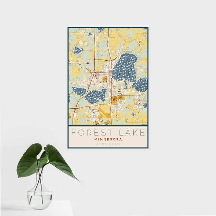 16x24 Forest Lake Minnesota Map Print Portrait Orientation in Woodblock Style With Tropical Plant Leaves in Water