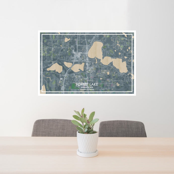 24x36 Forest Lake Minnesota Map Print Lanscape Orientation in Afternoon Style Behind 2 Chairs Table and Potted Plant