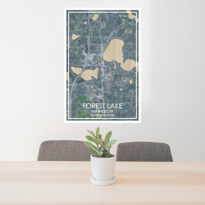24x36 Forest Lake Minnesota Map Print Portrait Orientation in Afternoon Style Behind 2 Chairs Table and Potted Plant