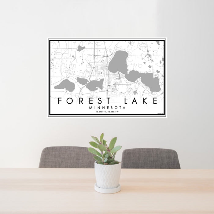 24x36 Forest Lake Minnesota Map Print Lanscape Orientation in Classic Style Behind 2 Chairs Table and Potted Plant