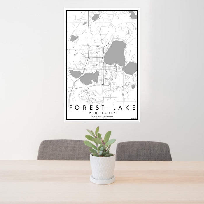 24x36 Forest Lake Minnesota Map Print Portrait Orientation in Classic Style Behind 2 Chairs Table and Potted Plant