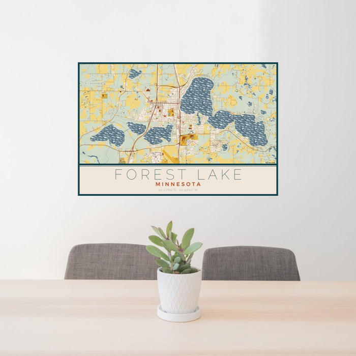 24x36 Forest Lake Minnesota Map Print Lanscape Orientation in Woodblock Style Behind 2 Chairs Table and Potted Plant