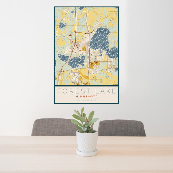 24x36 Forest Lake Minnesota Map Print Portrait Orientation in Woodblock Style Behind 2 Chairs Table and Potted Plant