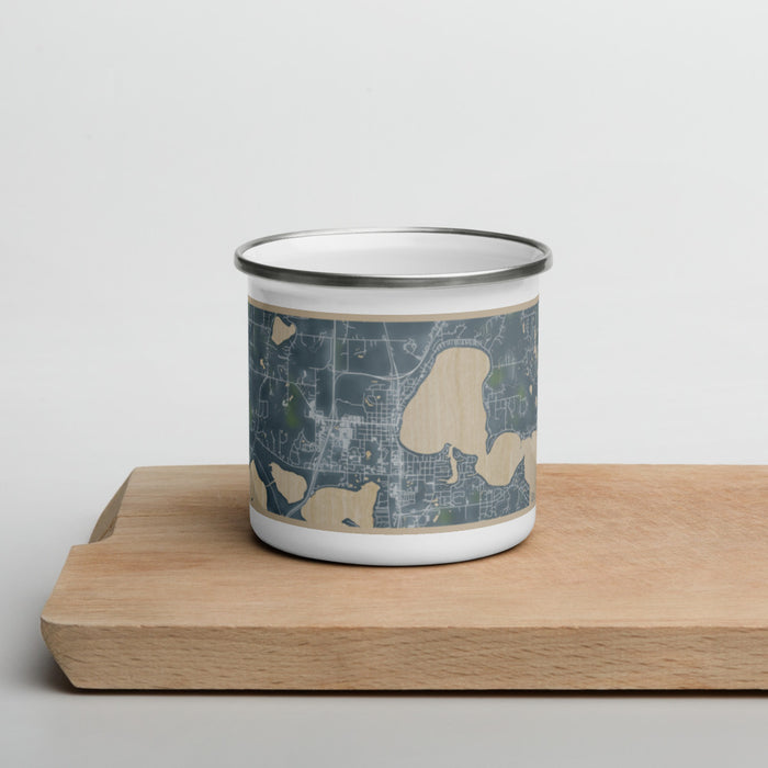 Front View Custom Forest Lake Minnesota Map Enamel Mug in Afternoon on Cutting Board