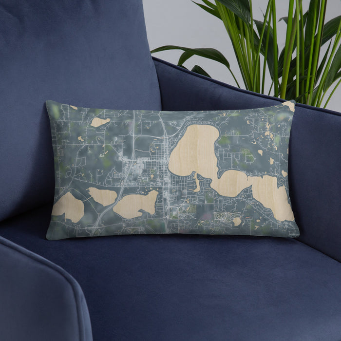 Custom Forest Lake Minnesota Map Throw Pillow in Afternoon on Blue Colored Chair
