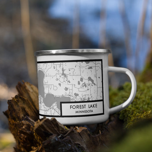 Right View Custom Forest Lake Minnesota Map Enamel Mug in Classic on Grass With Trees in Background