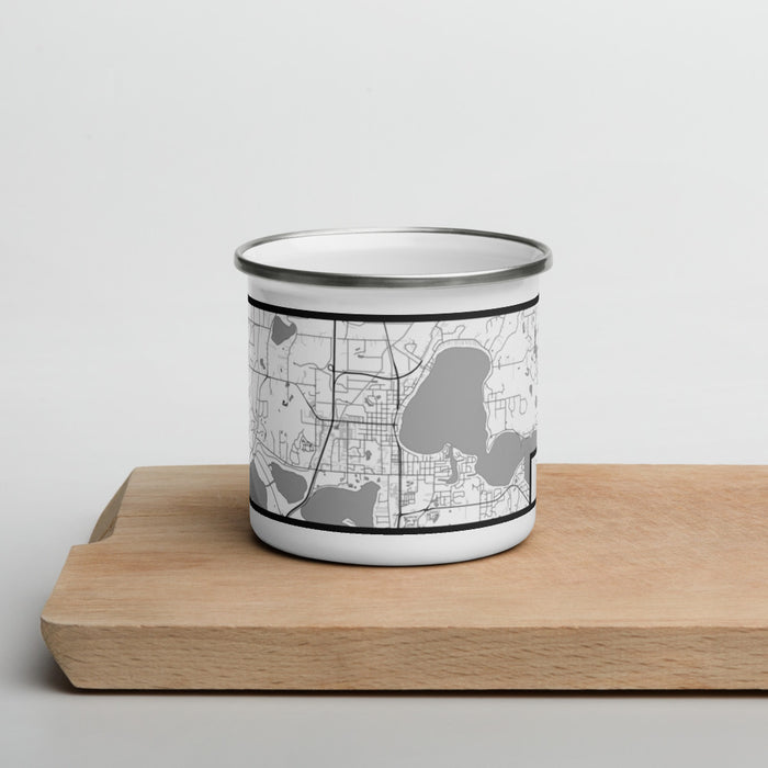 Front View Custom Forest Lake Minnesota Map Enamel Mug in Classic on Cutting Board