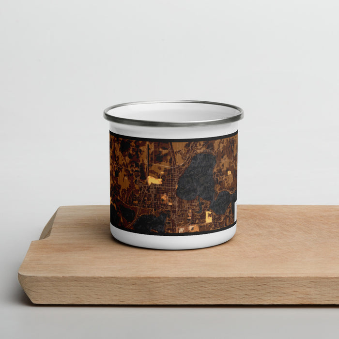 Front View Custom Forest Lake Minnesota Map Enamel Mug in Ember on Cutting Board