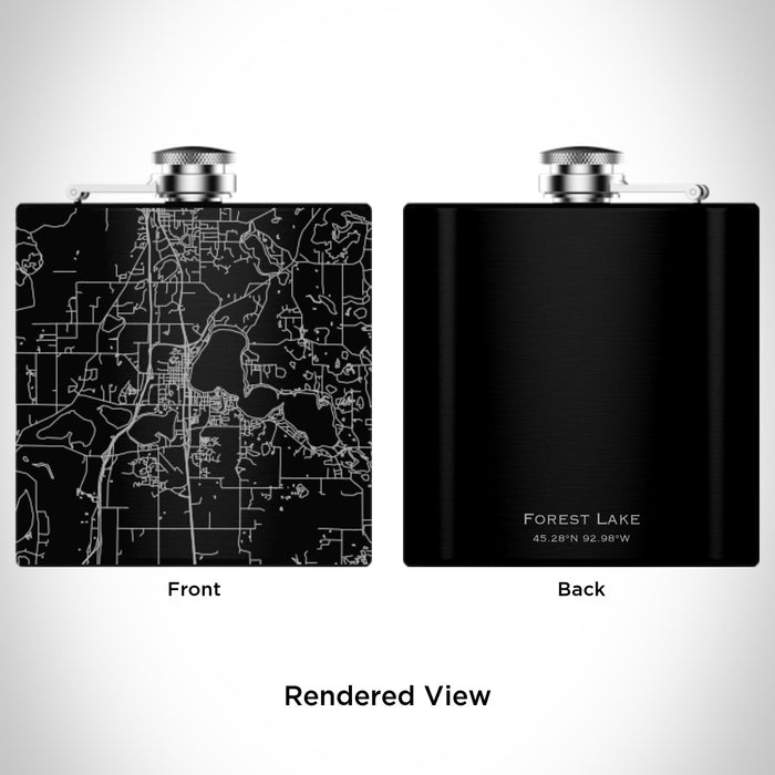 Rendered View of Forest Lake Minnesota Map Engraving on 6oz Stainless Steel Flask in Black