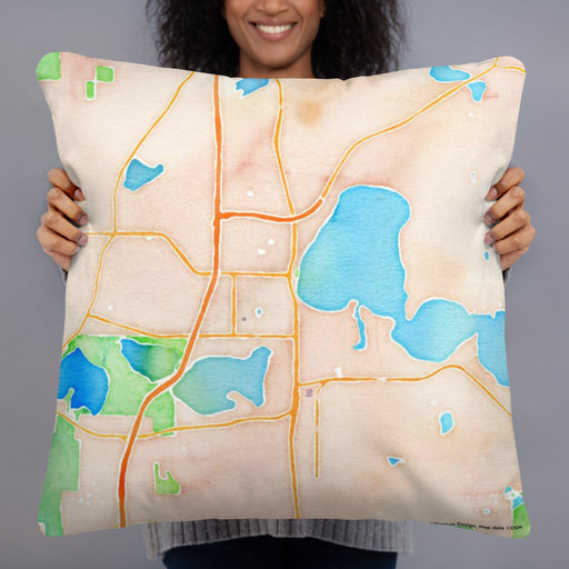 Person holding 22x22 Custom Forest Lake Minnesota Map Throw Pillow in Watercolor
