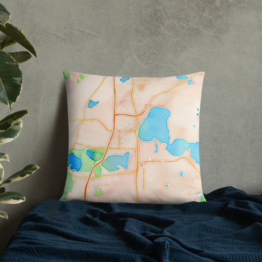 Custom Forest Lake Minnesota Map Throw Pillow in Watercolor on Bedding Against Wall