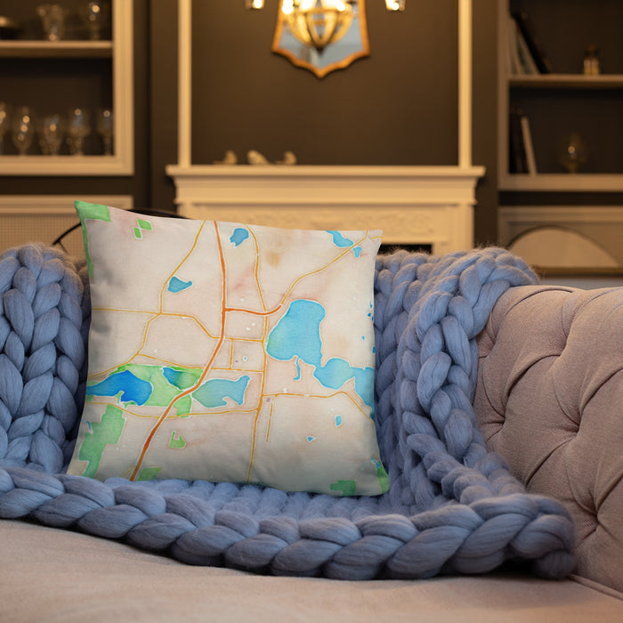 Custom Forest Lake Minnesota Map Throw Pillow in Watercolor on Cream Colored Couch