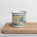 Front View Custom Forest Lake Minnesota Map Enamel Mug in Woodblock on Cutting Board