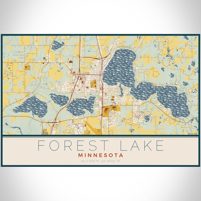 Forest Lake Minnesota Map Print Landscape Orientation in Woodblock Style With Shaded Background