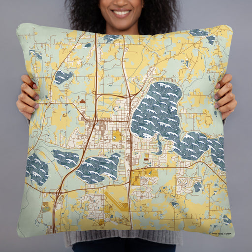 Person holding 22x22 Custom Forest Lake Minnesota Map Throw Pillow in Woodblock