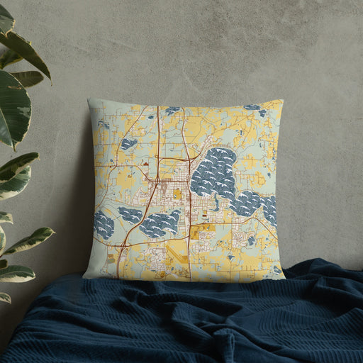 Custom Forest Lake Minnesota Map Throw Pillow in Woodblock on Bedding Against Wall