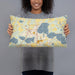 Person holding 20x12 Custom Forest Lake Minnesota Map Throw Pillow in Woodblock