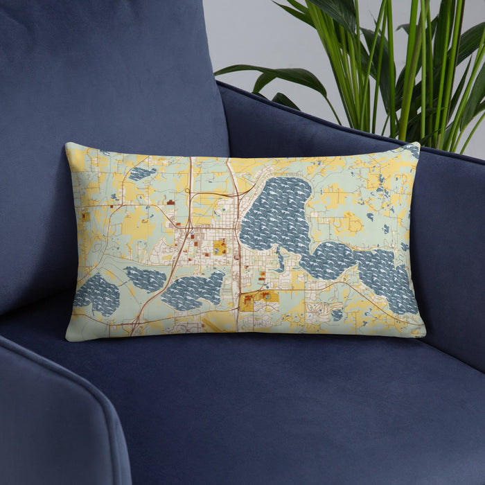Custom Forest Lake Minnesota Map Throw Pillow in Woodblock on Blue Colored Chair