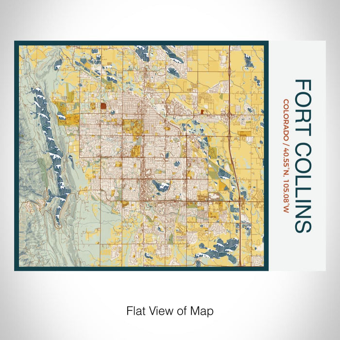 Rendered View of Fort Collins Colorado Map on 20oz Stainless Steel Insulated Bottle with Bamboo Top with printed woodblock style map